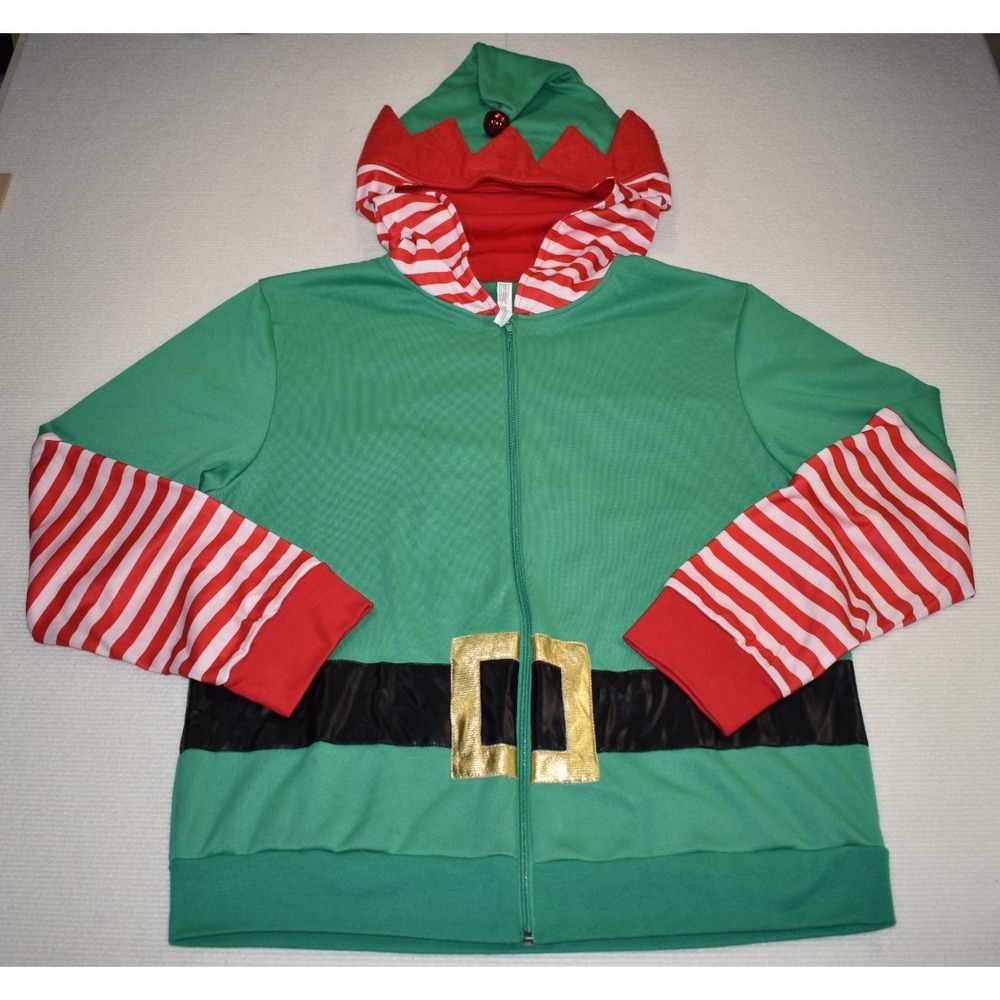 ELF Zip-Up Hoodie Ugly Xmas Santa Sweater Halloween Costume One Size